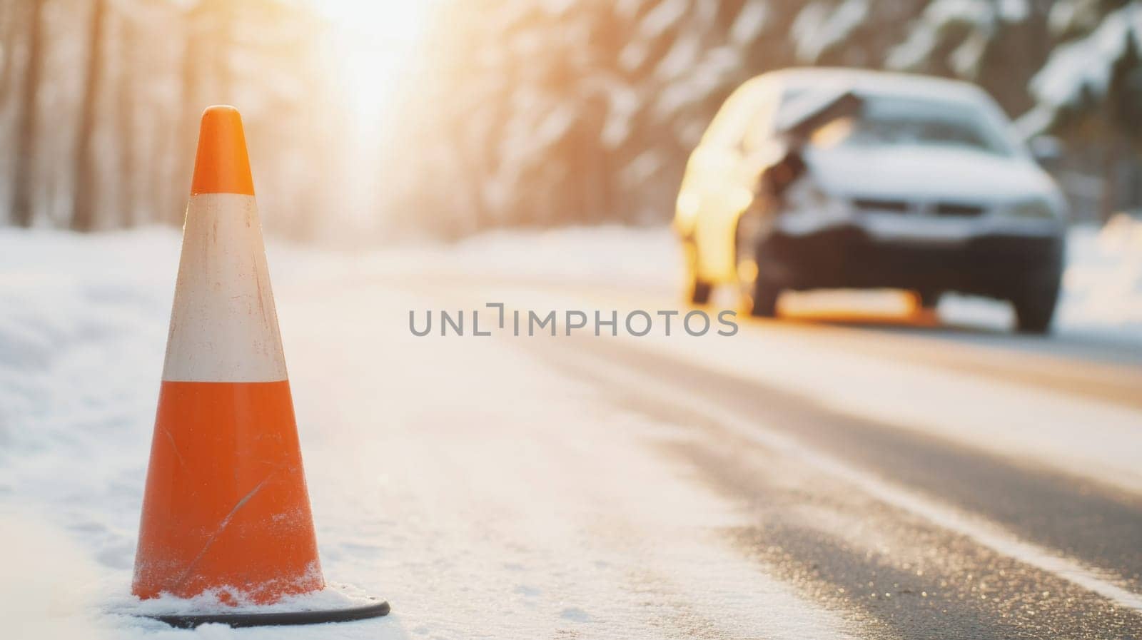 Orange traffic cone in foreground on snowy road with car accident, concept of safety on the winter roads, AI Generated