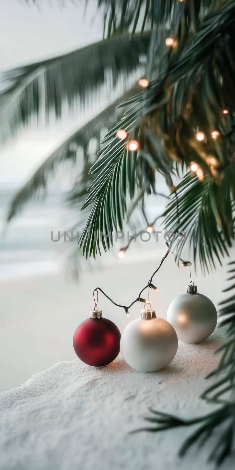 Tropical beach Christmas scene with candle, palm leaves, festive ornaments, vertical background, AI generated