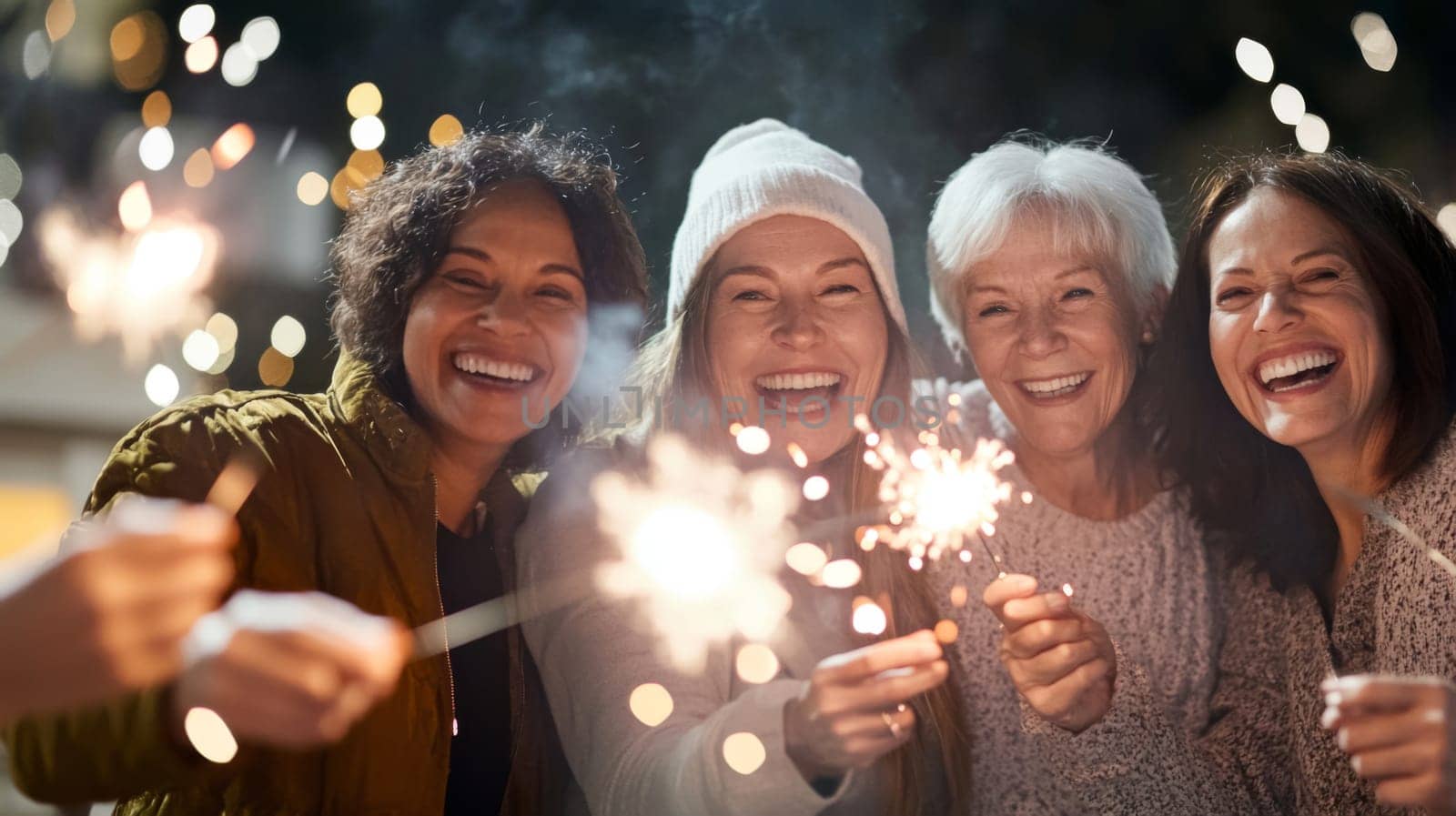 Diverse Age multiracial Group of people celebrating New Year with sparklers, smiling and enjoying festive outdoor event, AI generated