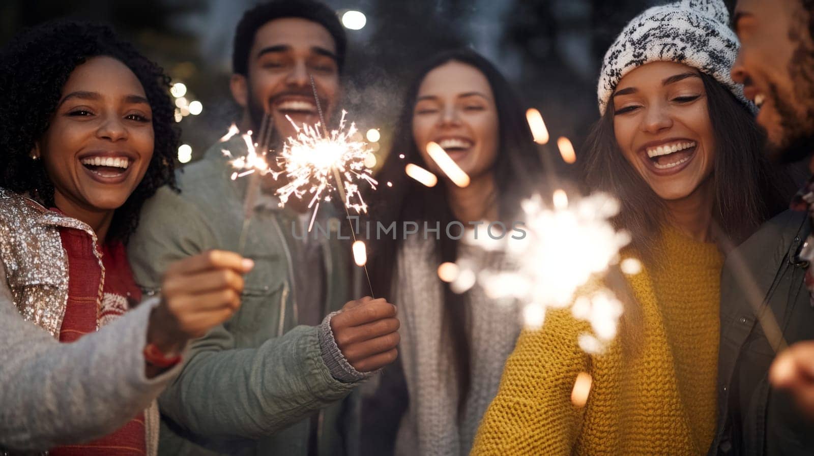 Group of multiracial adults celebrating New Year with sparklers outdoors, joyful winter scene, AI generated