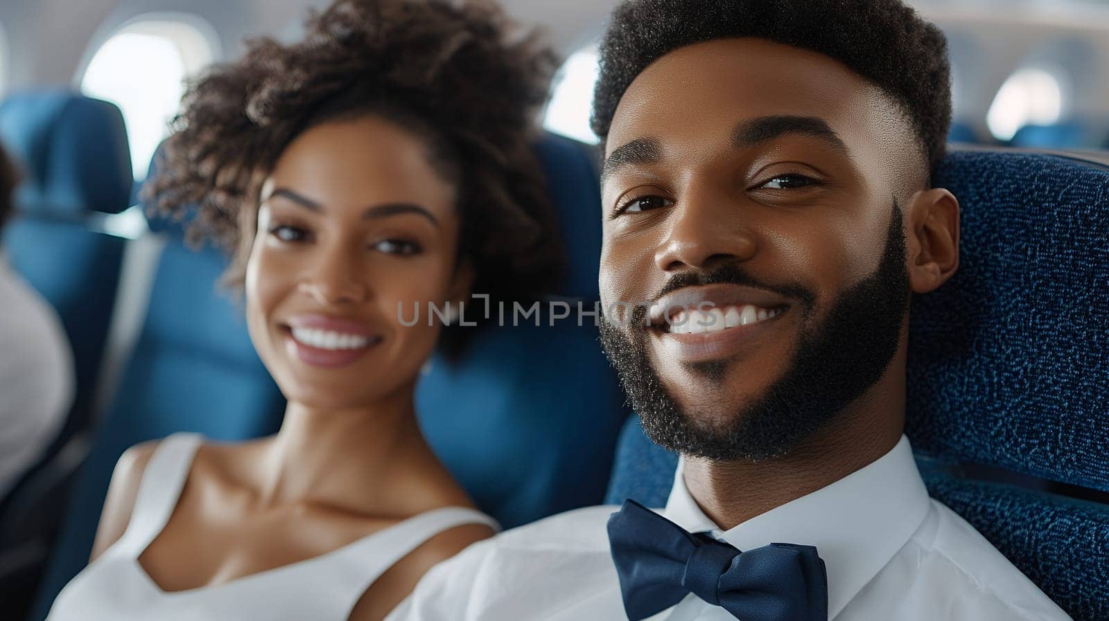A smiling couple enjoying their flight, seated together in an airplane, capturing moments of travel and companionship.