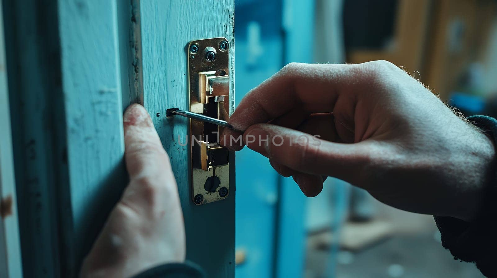 A hand skillfully uses a tool to repair a door lock, emphasizing craftsmanship and precision.