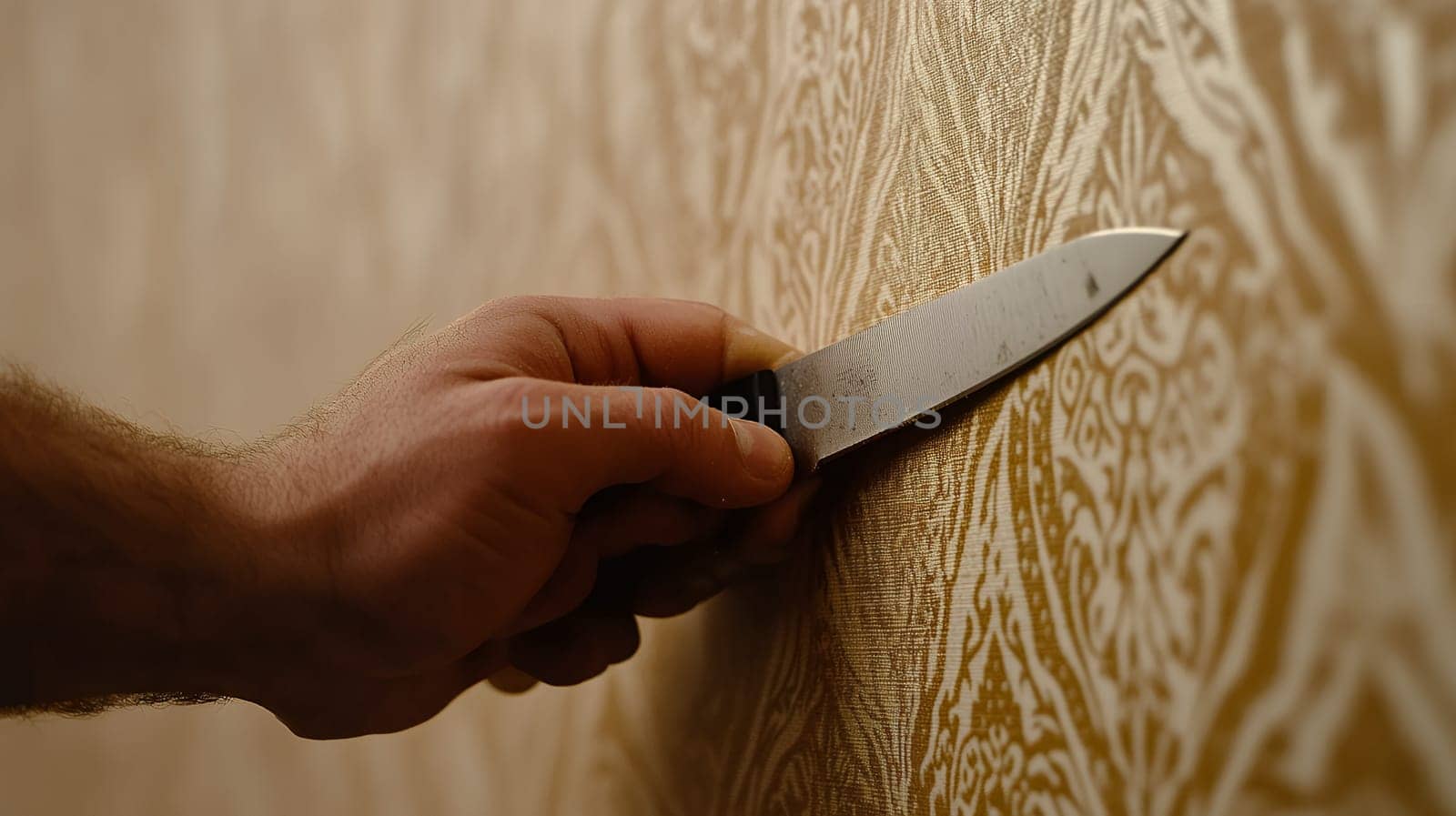 A hand firmly grips a sharp knife against a patterned wall, suggesting themes of suspense or mystery.
