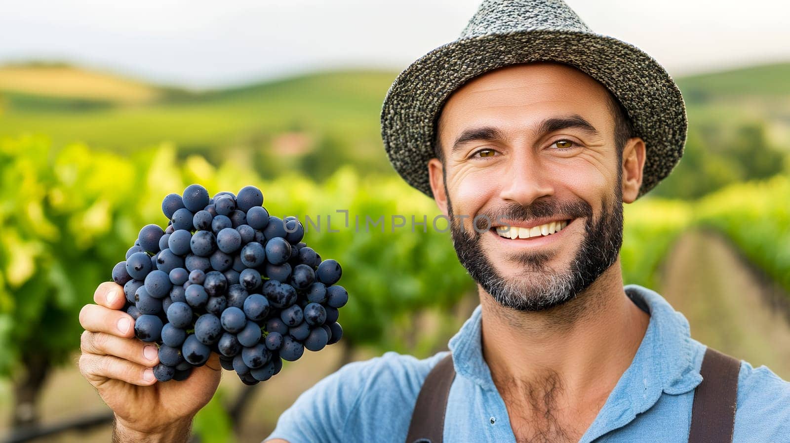 A cheerful farmer proudly holding a bunch of ripe grapes in a vineyard, symbolizing a successful harvest.