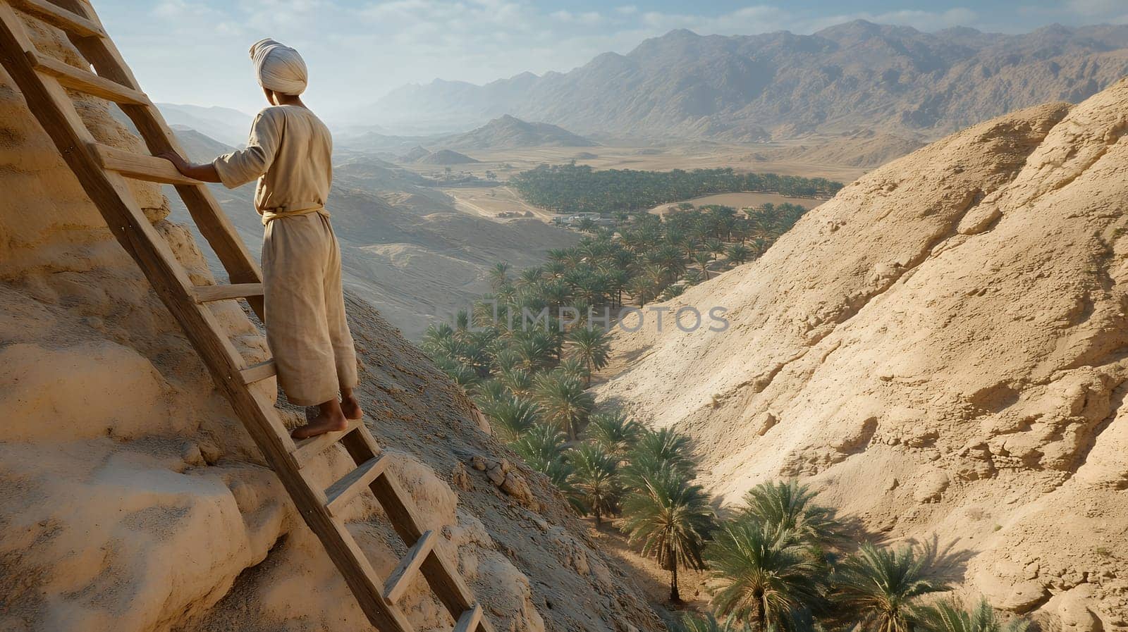 A man climbs a wooden ladder in a desert landscape, overlooking a lush valley, symbolizing exploration.