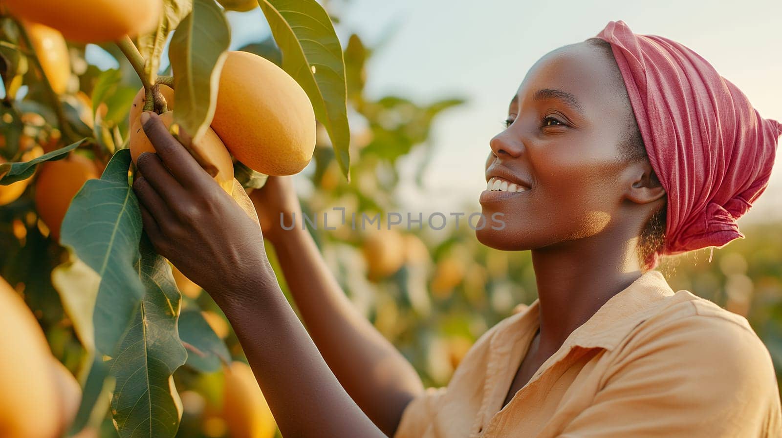 A smiling woman harvesting ripe mangoes in a sunny orchard, symbolizing joy and abundance.