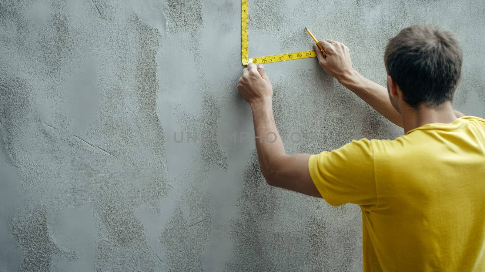 A person in a yellow shirt uses a measuring tape on a textured wall for precision work.