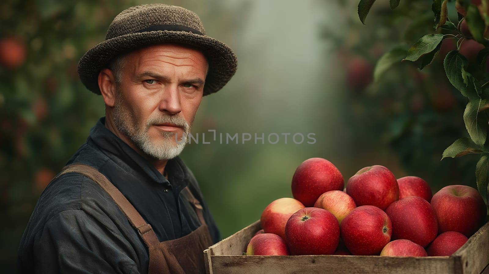 A mature farmer in a hat holds a crate of red apples in an orchard, surrounded by lush greenery.