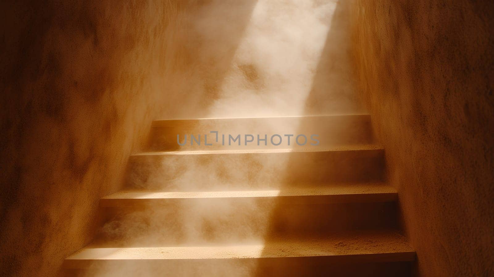 A staircase bathed in sunlight with dust particles floating, creating a mystical and ethereal atmosphere.
