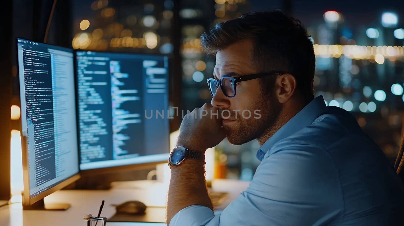 A focused programmer coding on dual screens in a dimly lit office, immersed in night work.