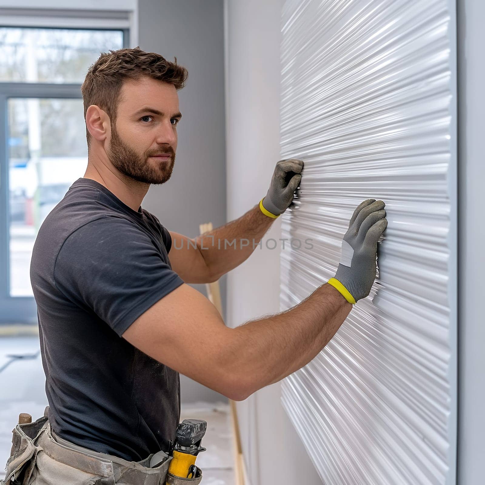 A focused man wearing gloves is installing white wall panels in a modern interior space.