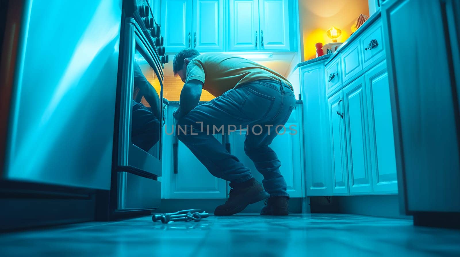 A man in a yellow shirt repairs an appliance in a kitchen with blue lighting, tools scattered nearby.