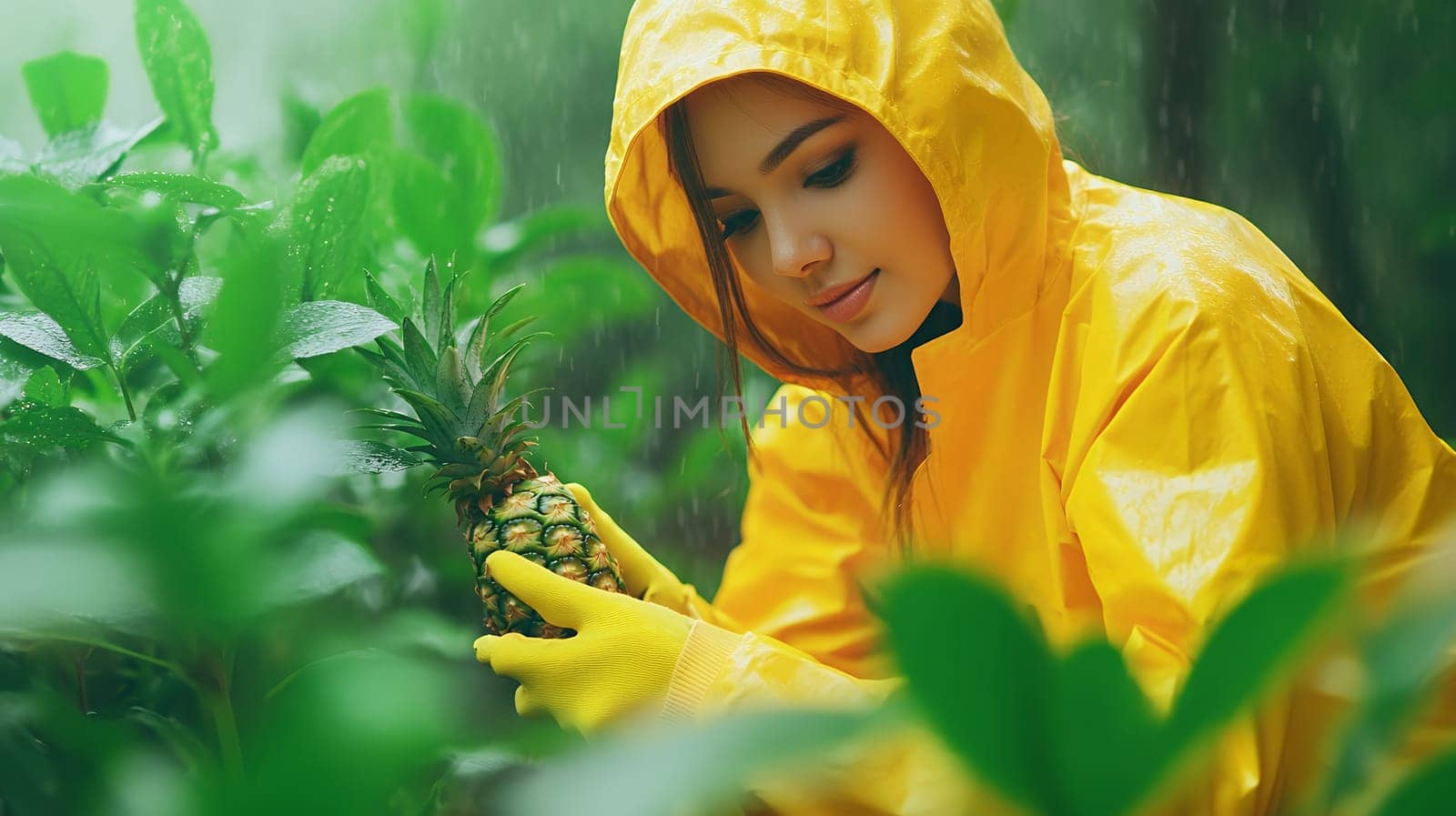 A woman in a yellow raincoat picking a pineapple amidst lush greenery, embodying resilience and care.