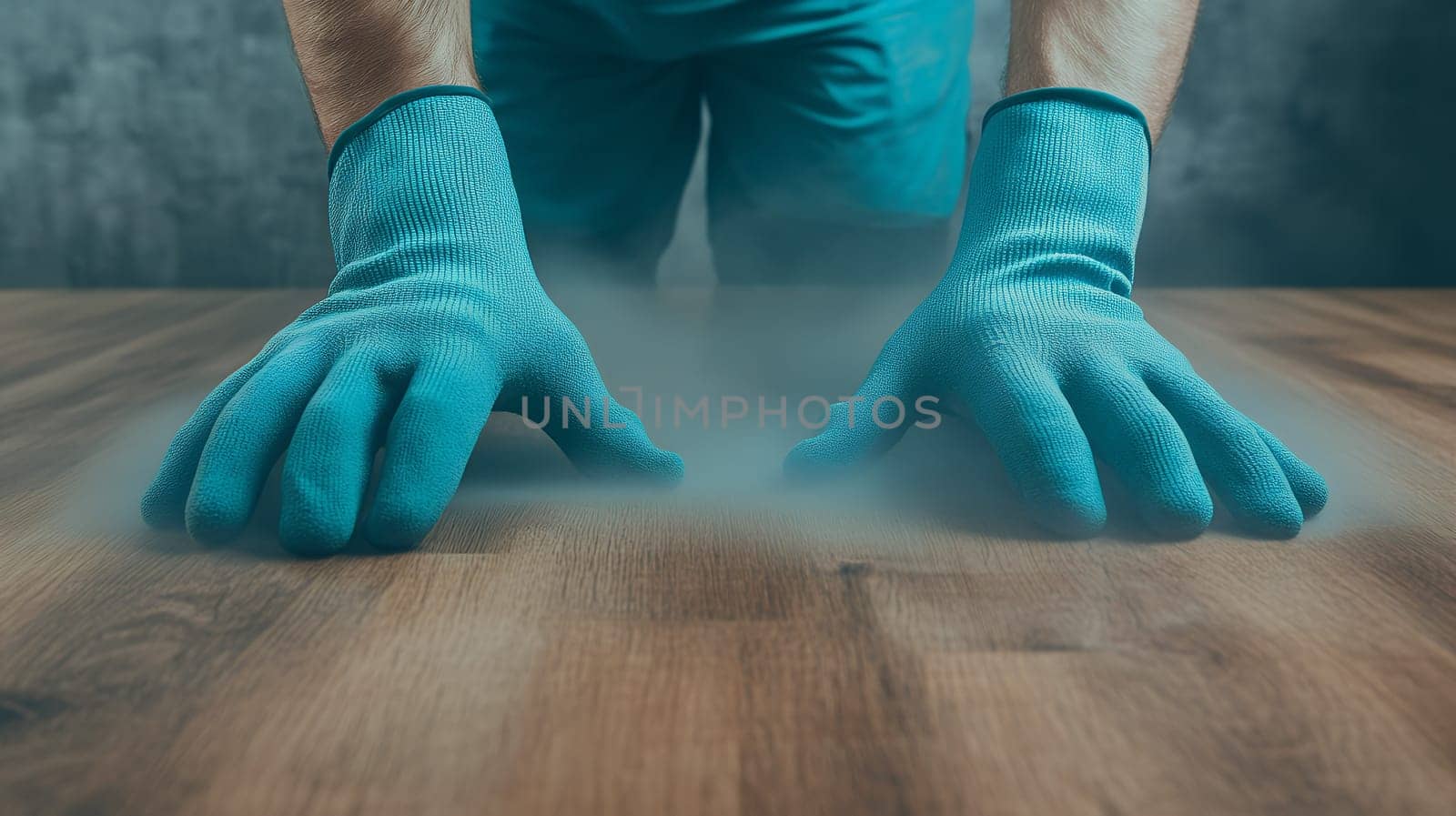 Hands in blue protective gloves cleaning a surface, highlighting hygiene and cleanliness.