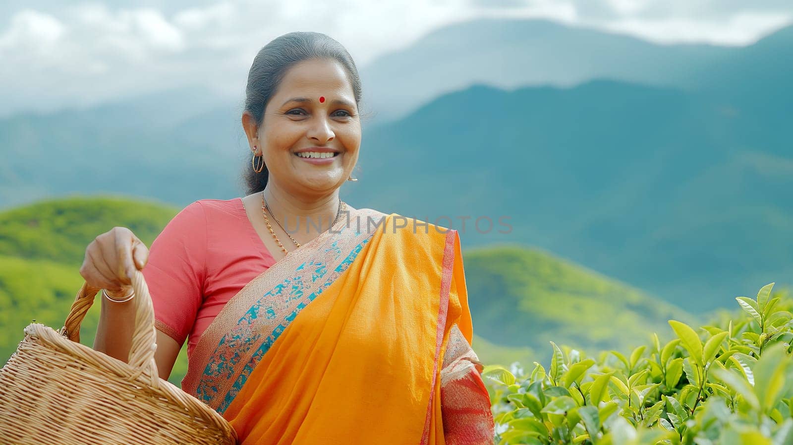Joyful woman in colorful attire holding a basket in a lush tea plantation with mountains in background.