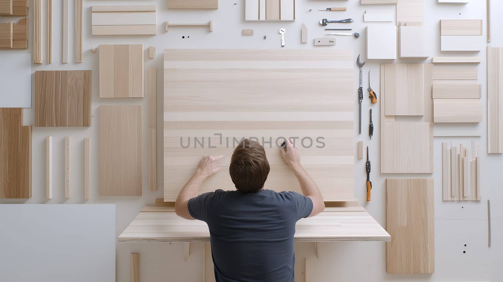 Top view of a carpenter arranging various wooden pieces and tools on a workbench.