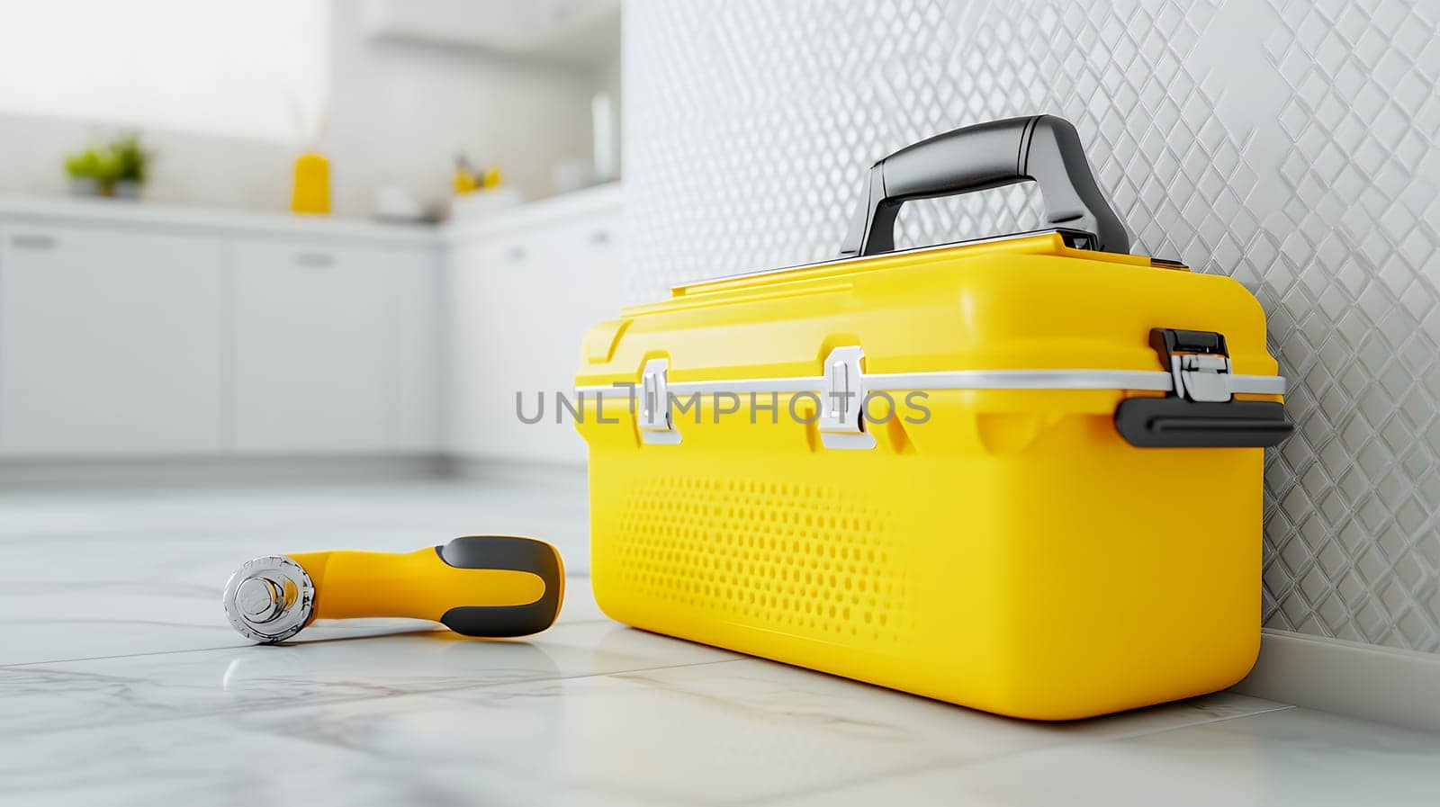 A bright yellow toolbox and tool on a white tiled floor in a modern kitchen setting.