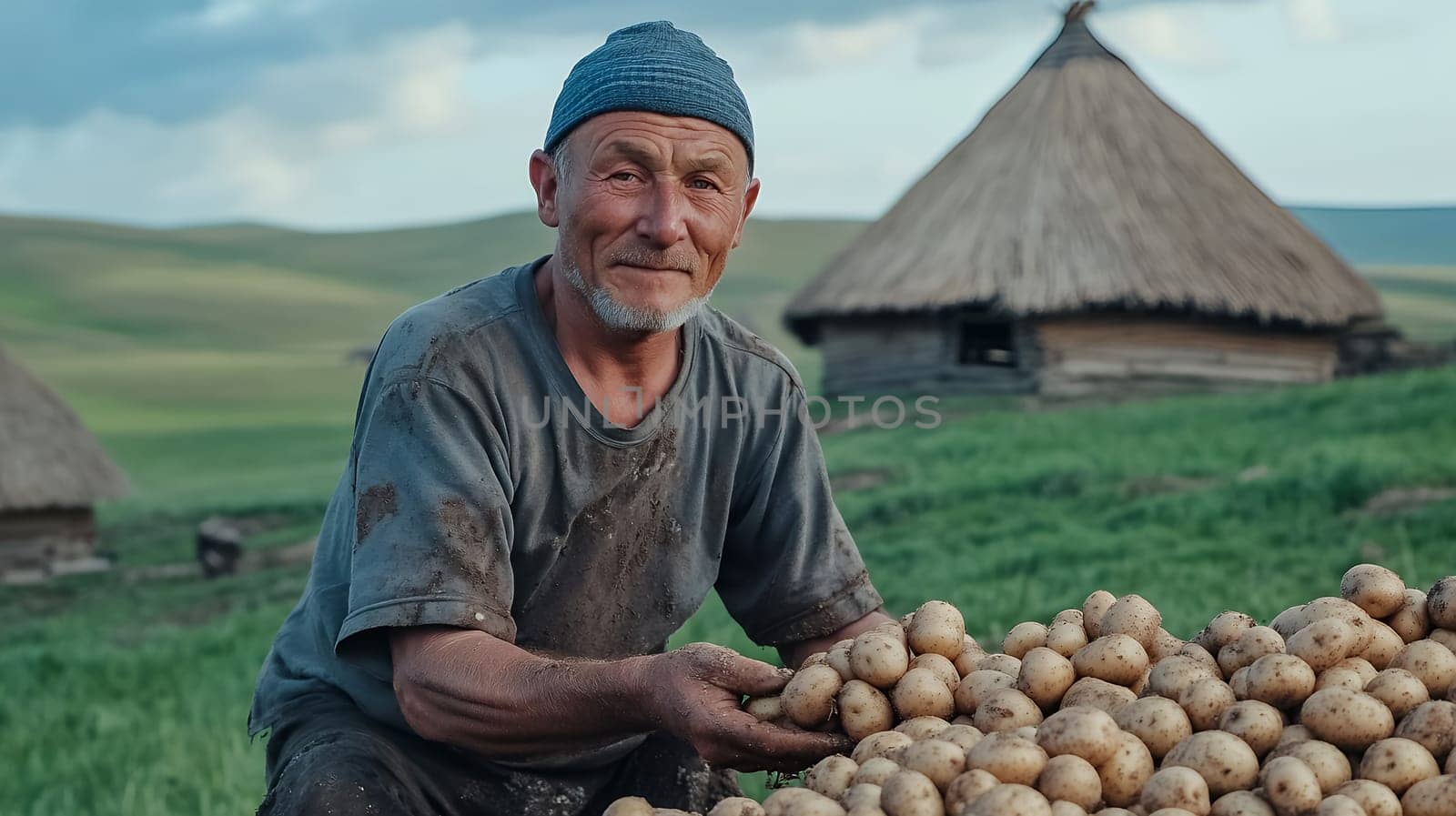 Elderly farmer proudly displaying freshly harvested potatoes in a lush green field.