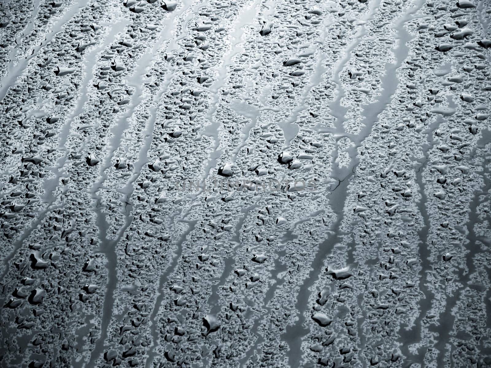 rain water drops on a bonnet of a black car during rainy day, full-frame closeup view