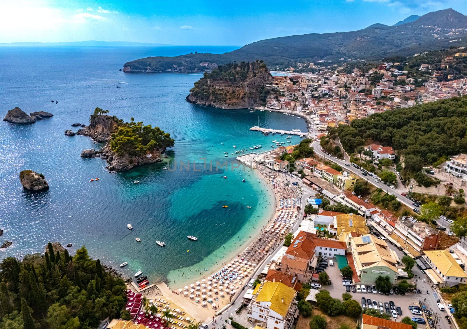 Aerial view of Parga, in the region of Preveza in Epirus, Greece.