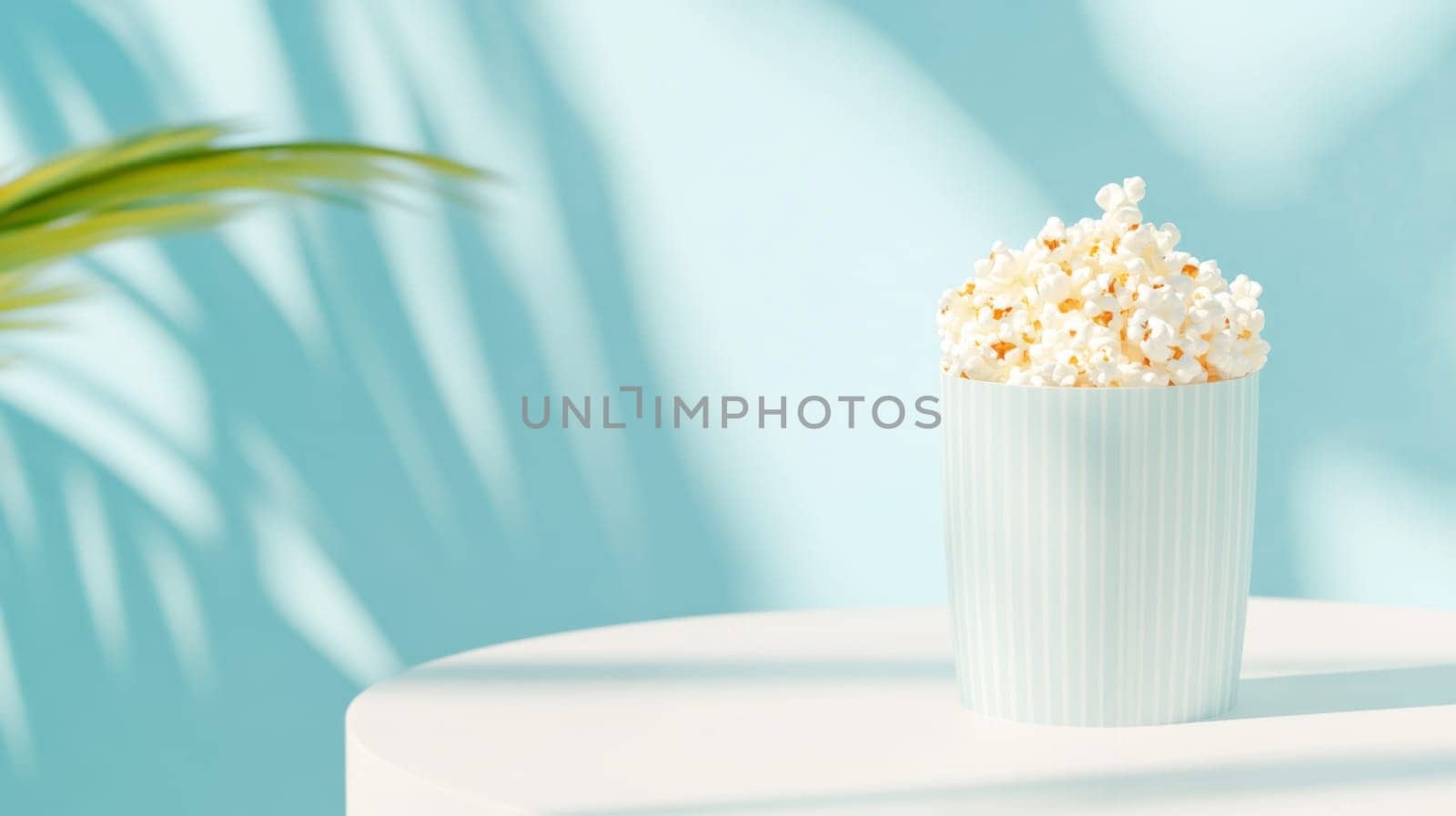 Popcorn in paper cup on pristine solid color background, fun party concept, AI Generated