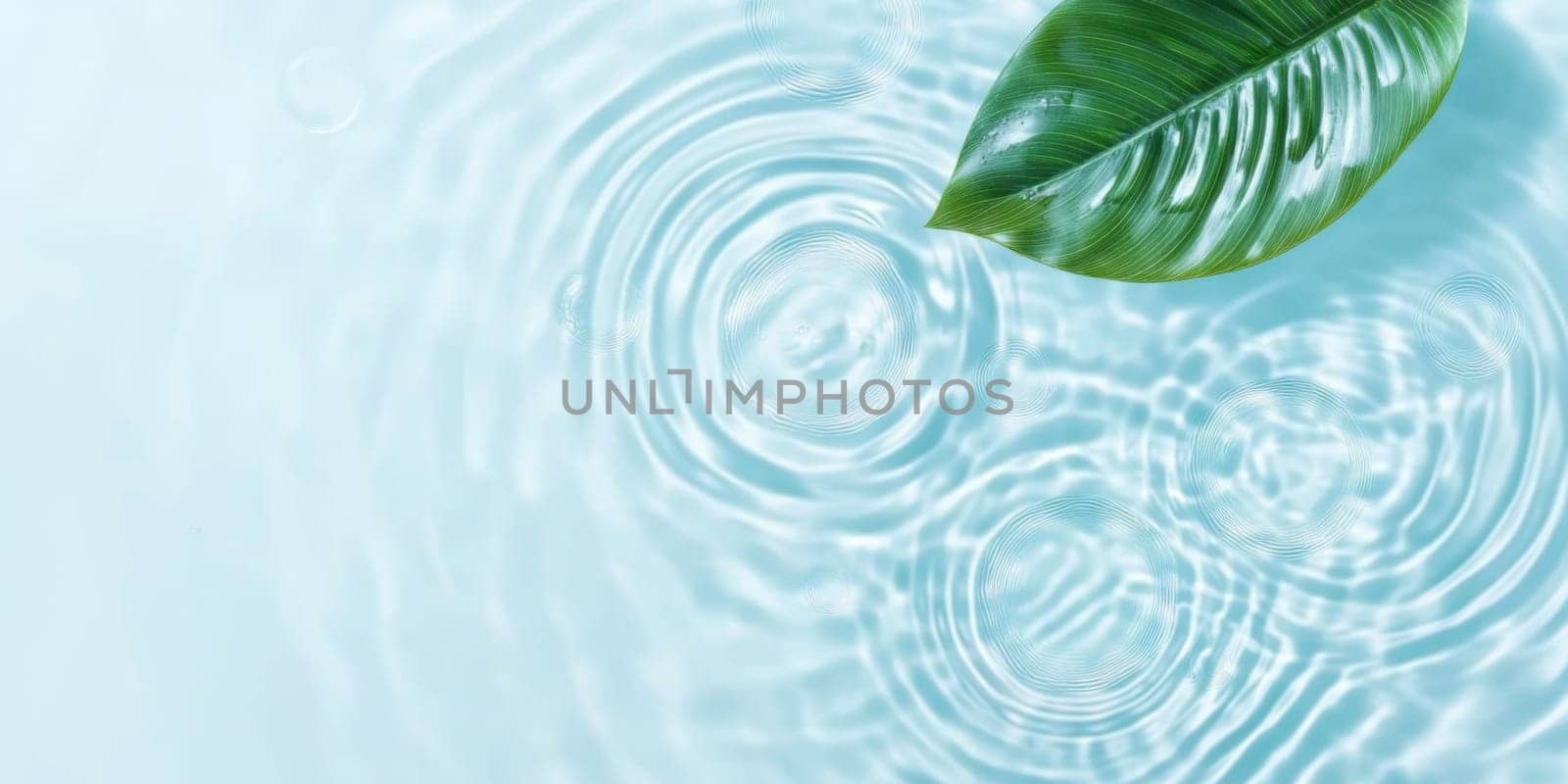 A green leaf floating on water showing ripples and bubbles, suitable as SPA background, AI generated