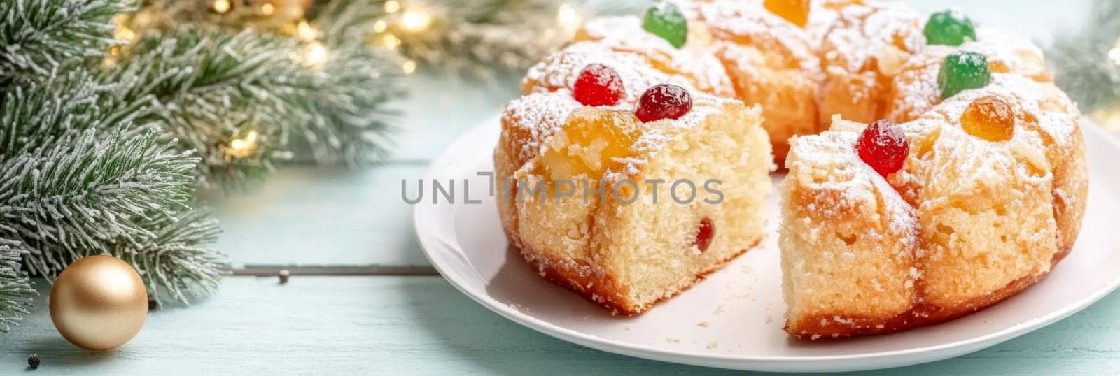 Three kings holiday festive fruitcake topped with colorful candied fruits on a table, background, AI generated