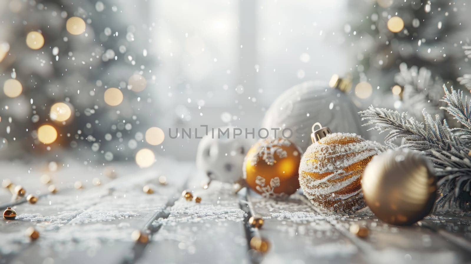 Christmas postcard with ornaments, Christmas tree in snow against blurred background, AI Generated