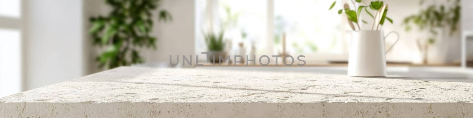 Empty stone table in bright home interior with large windows, banner mockup background with copy space, AI Generated