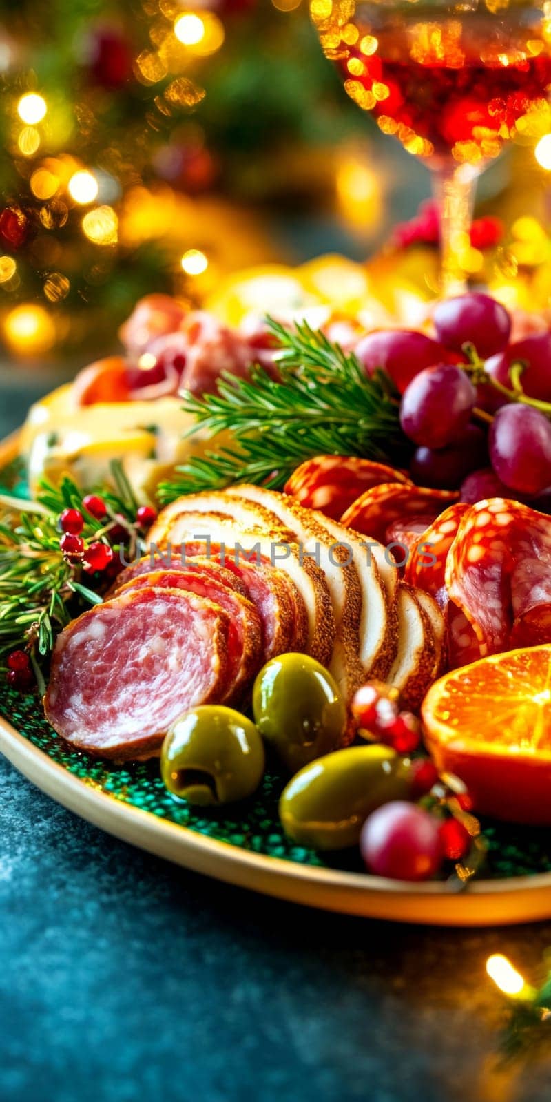 Festive charcuterie board with assorted cheeses and meats on rustic table, background, AI generated