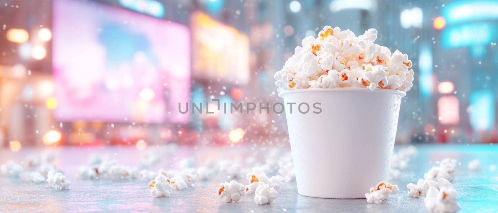 Popcorn in paper bucket on table with blurred TV screen in background, weekend home party, AI Generated