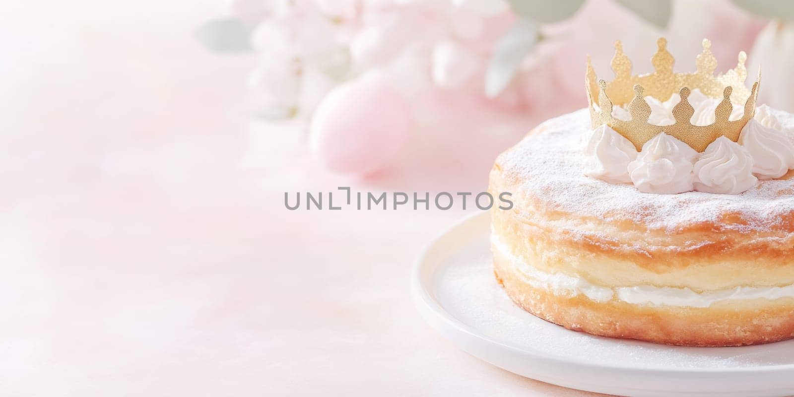 Festive scene with Three kings holiday festive cake topped with golden paper crown on table, pastel background, AI generated