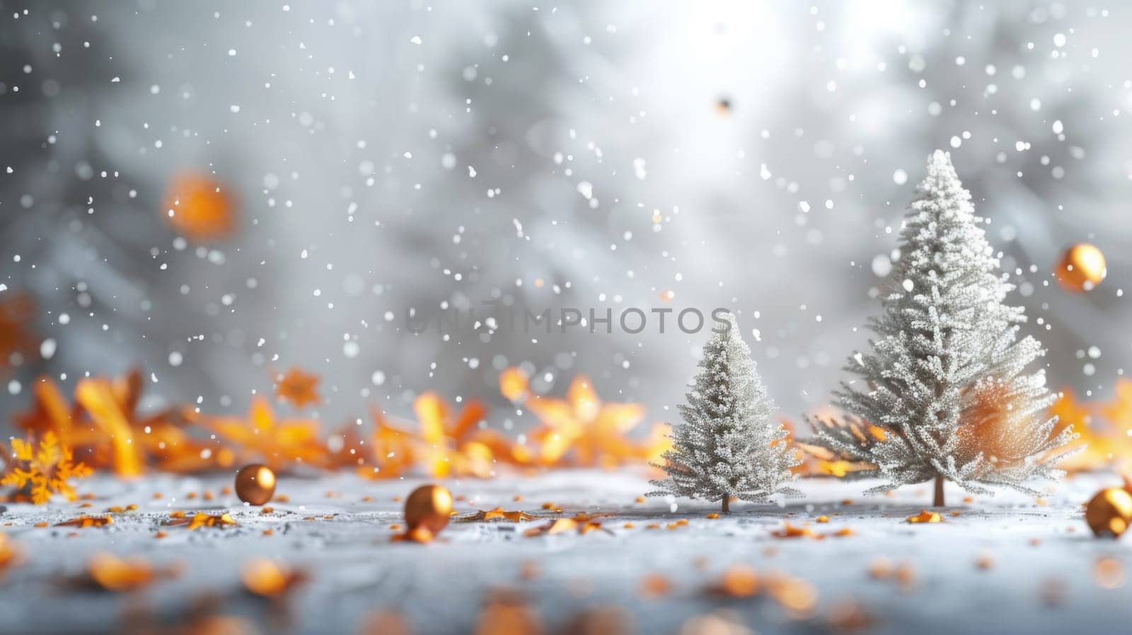 Christmas postcard with ornaments, Christmas tree in snow against blurred background, AI Generated