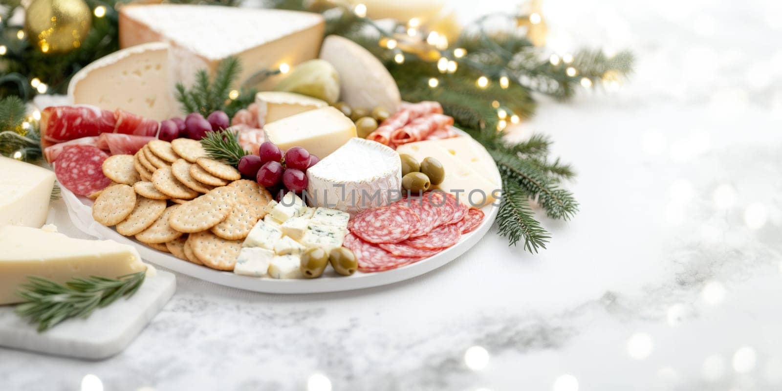 Christmas or New Year holiday charcuterie platter with cheeses, salami, grapes, olives on board, festive background, copy space, AI generated