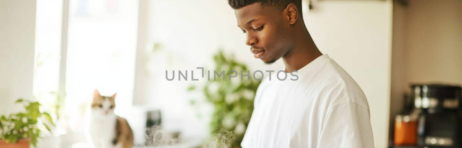 Young man cooking breakfast at home in sunlit modern kitchen, morning routine, AI generated