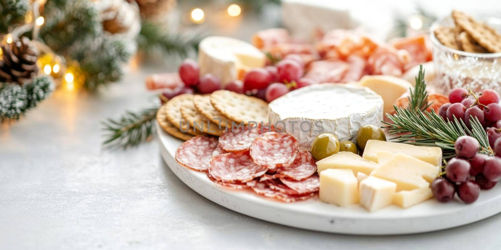 Christmas or New Year holiday charcuterie platter with cheeses, salami, grapes, olives on board, festive background, copy space, AI generated