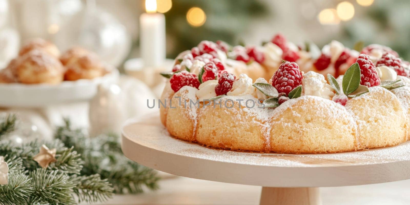 Festive Christmas holiday dessert table with various cakes and pastries, ideal as cheerful background, AI Generated