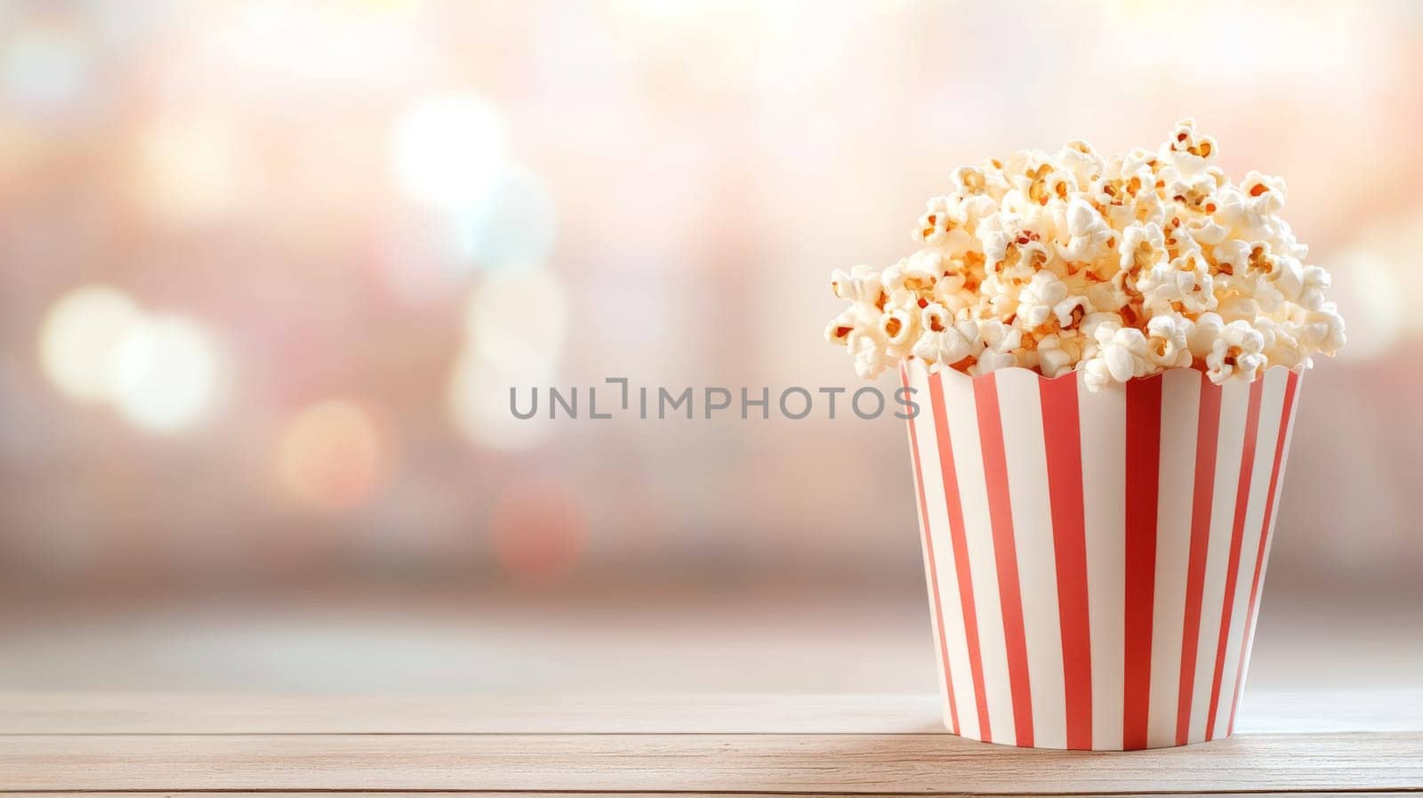 Popcorn bucket with pastel bokeh background, concept of fun and relaxation, AI Generated