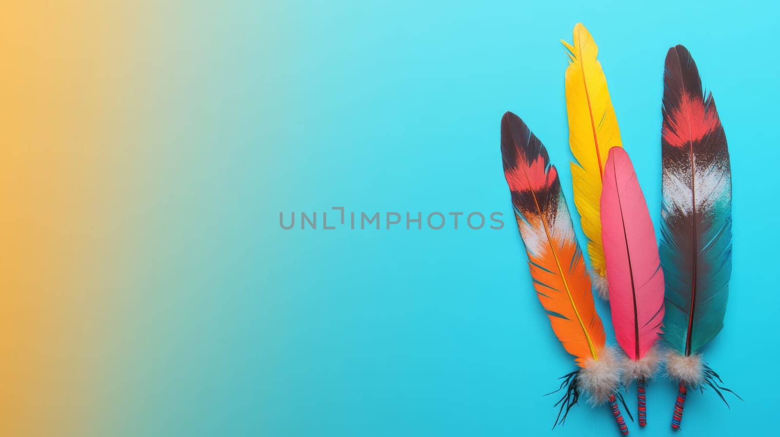 Nation indigenous peoples day concept, Colorful feather on minimslist color background, AI generated