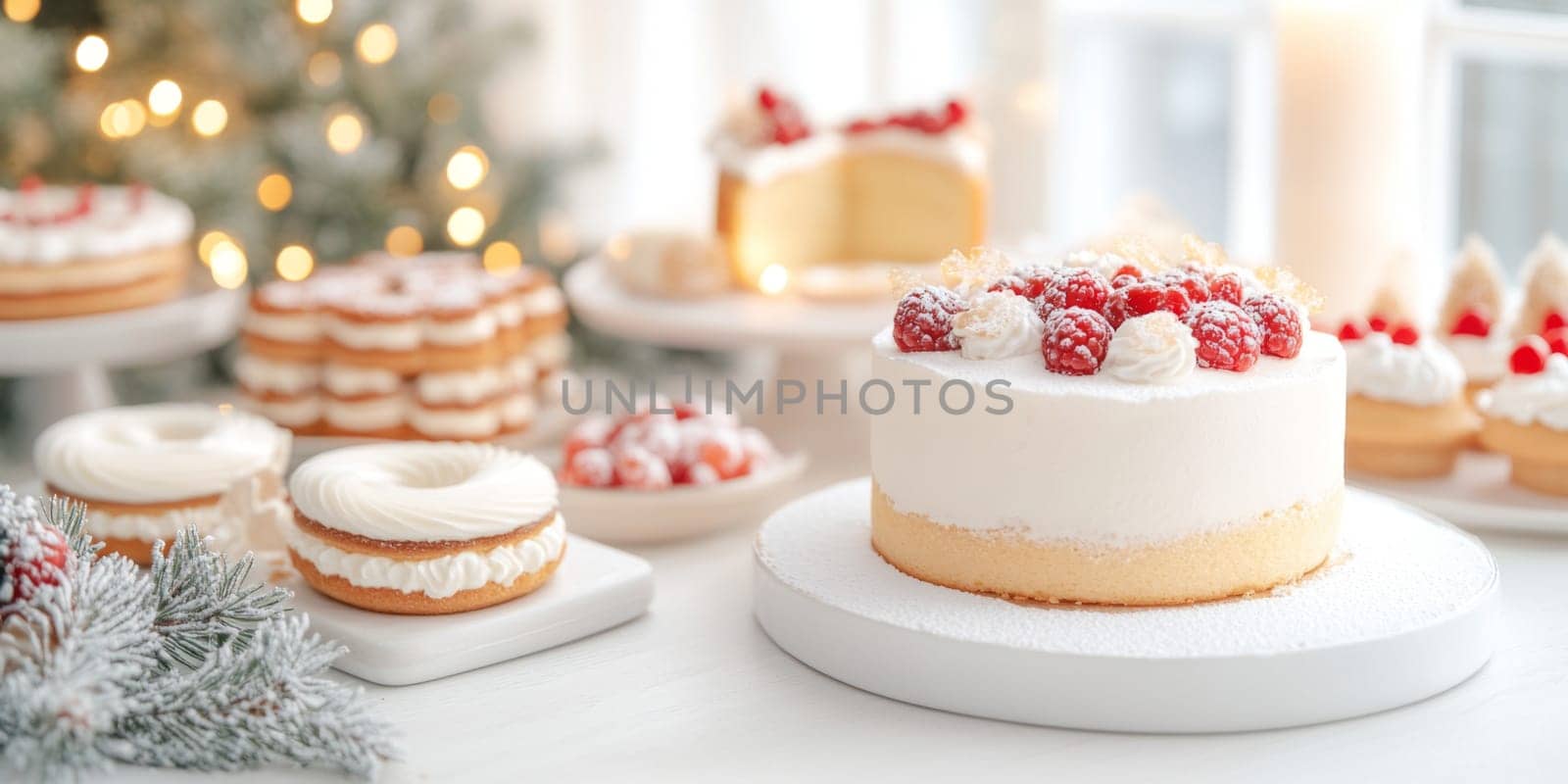Festive Christmas holiday dessert table with various cakes and pastries, ideal as cheerful background, AI Generated