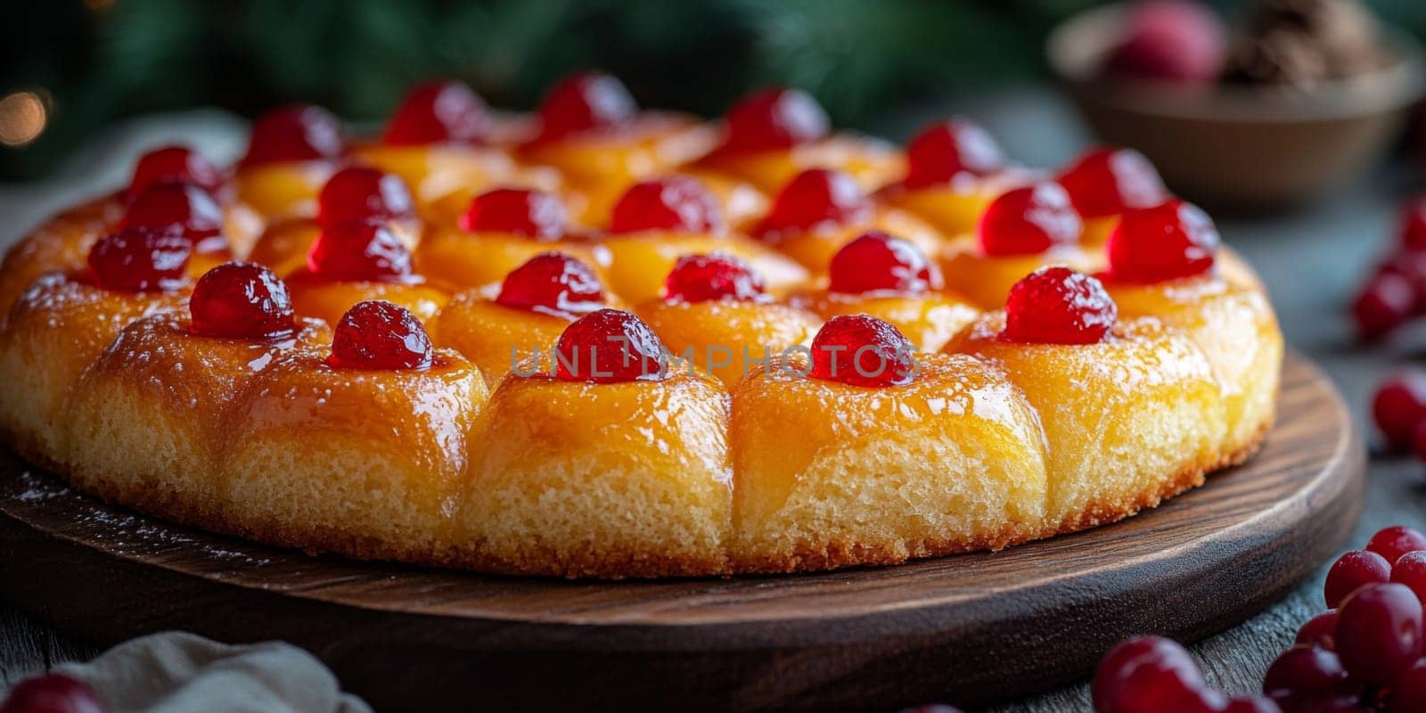 Bundt cake topped with colorful jelly candies on festive table, AI Generated