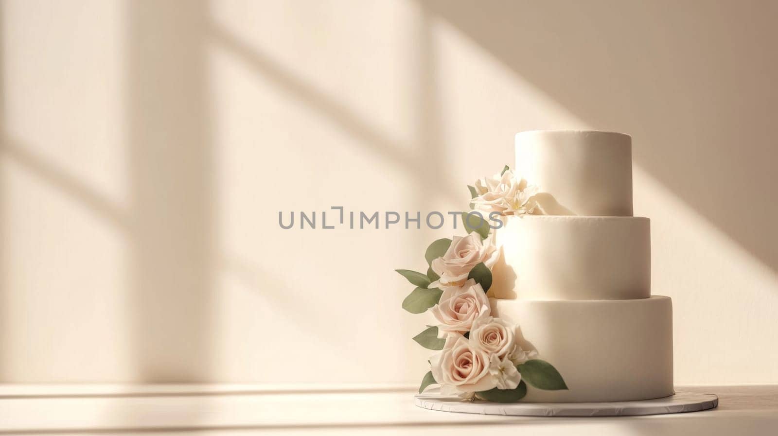 Wedding cake with beautiful flowers on solid pastel color background, copy space, AI Generated
