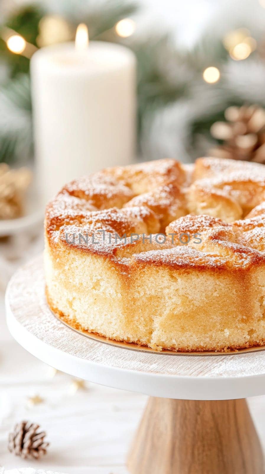 Donuts topped with powdered sugar on wooden platter, ideal dessert background, AI Generated