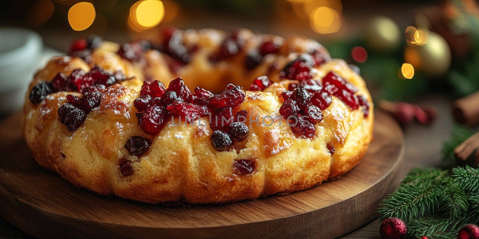 Bundt cake topped with colorful jelly candies on festive table, AI Generated