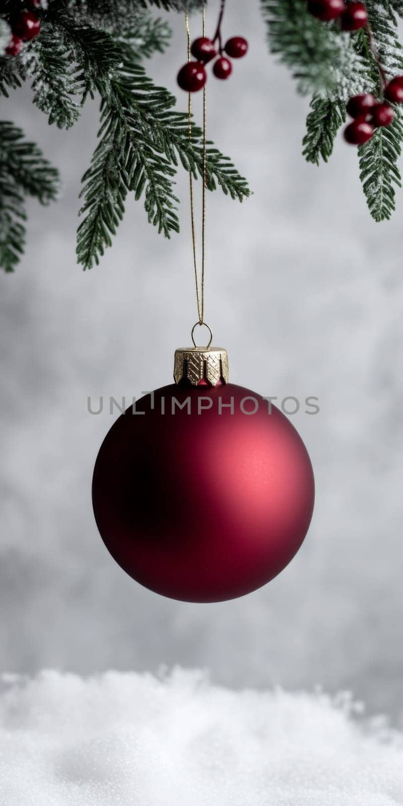 Red Christmas ornament hanging from Christmas tree branch, suitable for holiday backgrounds, AI generated