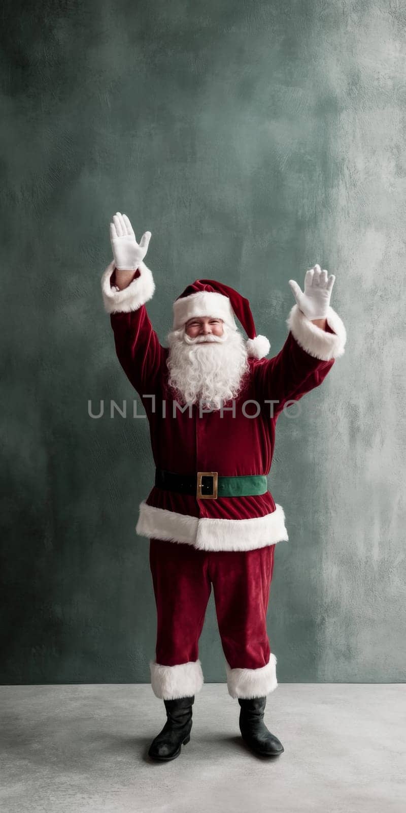 Santa Claus joyfully posing with raised arms against textured green background, AI Generated