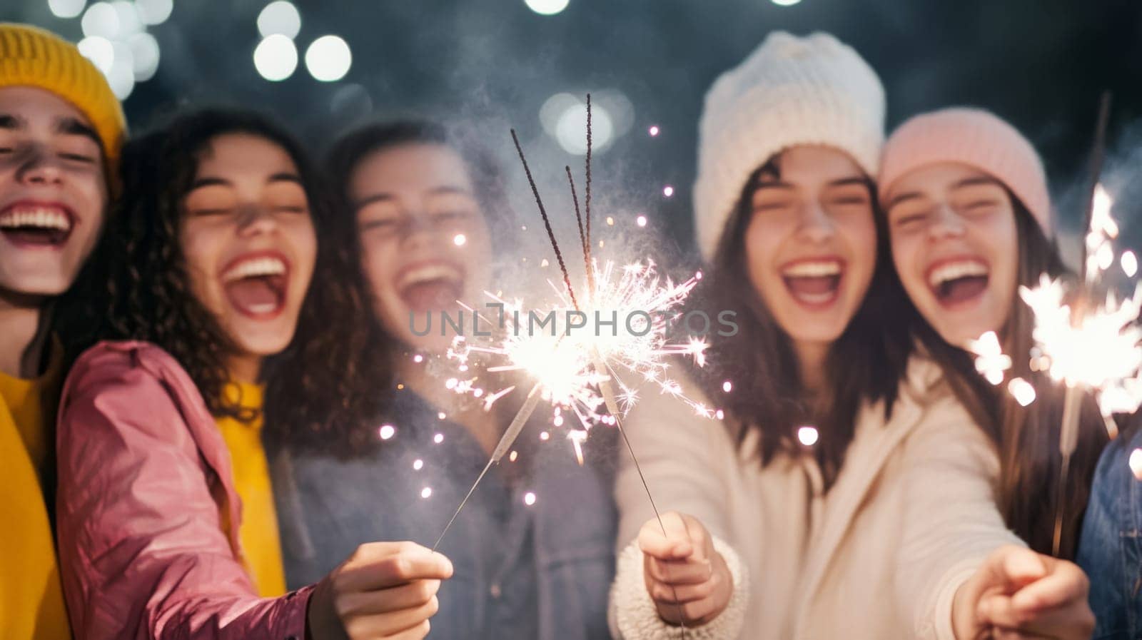 Group of young adults celebrating New Year with sparklers outdoors, joyful winter scene, AI generated