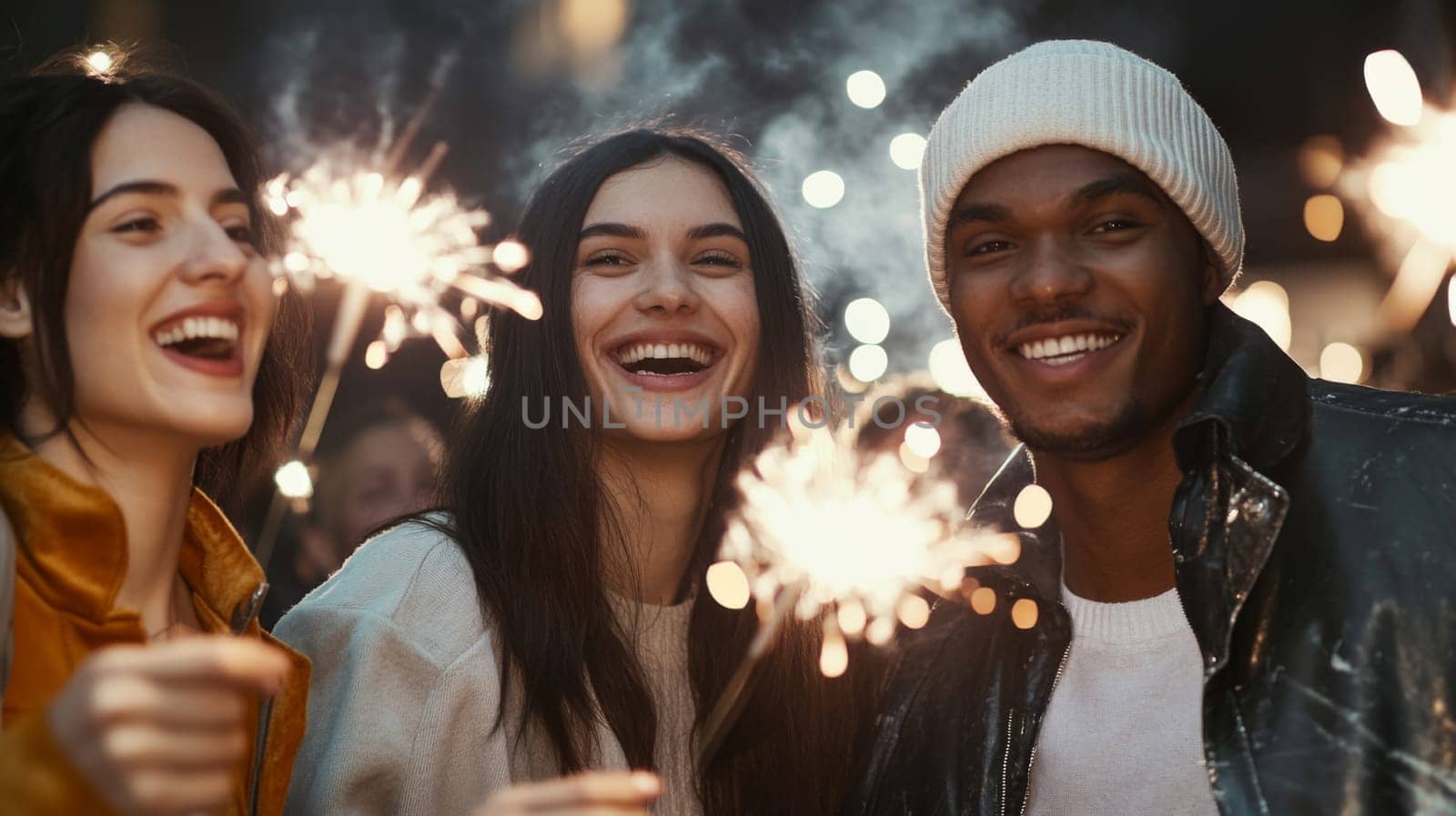 Group of multiracial adults celebrating New Year with sparklers outdoors, joyful winter scene, AI generated
