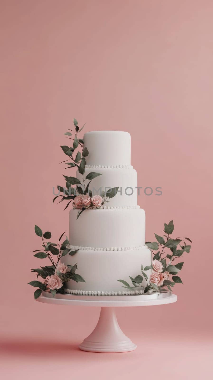 Wedding cake with beautiful flowers on solid pastel color background, copy space, AI Generated