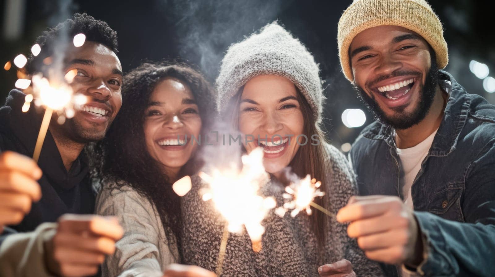 Group of multiracial adults celebrating New Year with sparklers outdoors, joyful winter scene, AI generated
